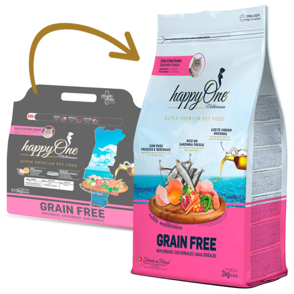 happyOne Mediterraneum Esterilizado - Ração seca sem cereais para gato - Sardinha - Quantidade: 2 kg