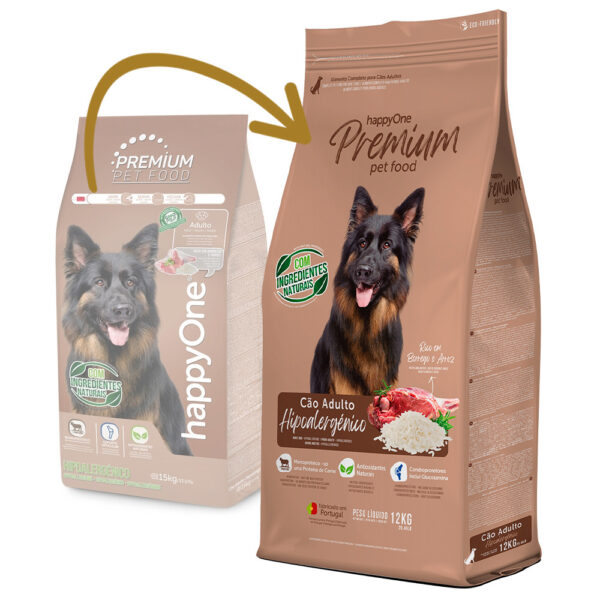 happyOne Premium Hipoalergénico - Ração seca para cão adulto com alergias - Borrego e arroz - Quantidade: 12 kg
