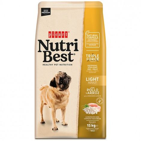 Picart Nutribest Light - Ração seca para cão adulto para controlo do peso - Frango e arroz - Quantidade: 15 kg