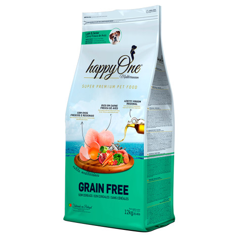happyOne Mediterraneum Light & Senior - Ração seca sem cereais para cão para controlo do peso - Aves - Quantidade: 12 kg